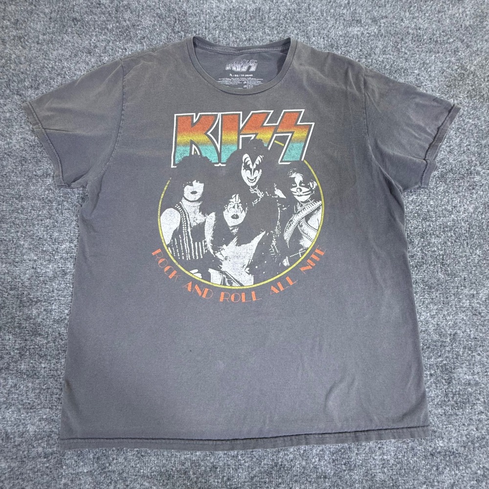 KISS Rock and Roll All Nite Graphic T-Shirt Mens XL Grey Faded Band Tee